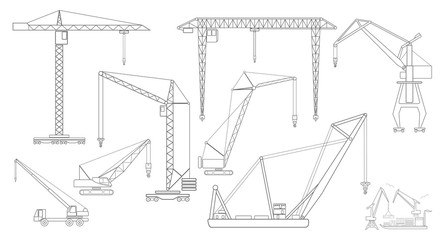 Crane and lifting machine. Outline icon set suitable for creatin