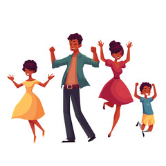 Cheerful black family jumping from happiness, cartoon vector illustrations isolated on white background. Happy African Americn family of father, mother, sister and son jumping in excitement