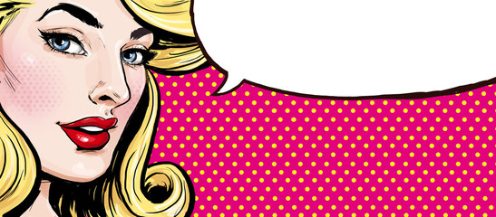 Pop Art illustration of girl with the speech bubble.Pop Art girl.Supermodel, cosmetics,lipstick, portrait, glamor, kitsch, confident, lips, face, love, gossip, gift, discount, model, look, wow,stylish