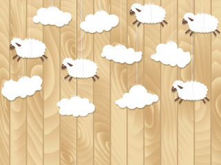 Little sheep fly on wooden background. Vector illustration