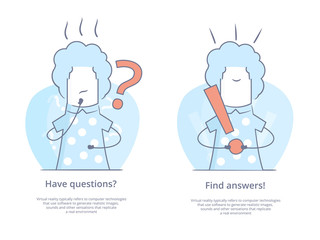Premium Quality Line Icon And Concept Set: Thinking busines girl looks up with hand near face and get idea in think.