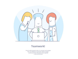 Premium Quality Line Icon And Concept Set: Young group of people working together with laptops.