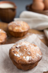 Fresh baked muffins, cakes, cupcakes for breakfast in a rural rustic style