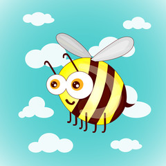 Cartoon cute bees on sky with clouds vector illustration