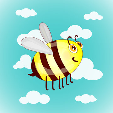 Cartoon cute bees on sky with clouds vector illustration
