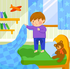 worried boy finds out he wet the bed   