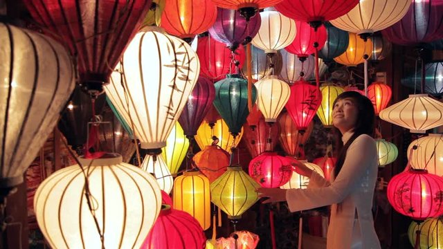 MH LD Young Woman Looking at Colorful Lanterns / Hoi An, Vietnam