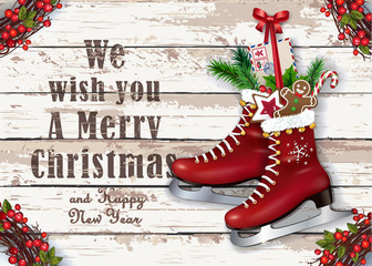 Christmas greeting card with winter vintage skates. Festive decoration on a rustic wooden background