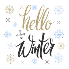 Fototapeta na wymiar hello winter.Winter background.Seasonal Vector hand drawn Lettering .Isolated on white 