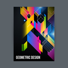 Poster/cover design template with shiny geometric shapes on black background.