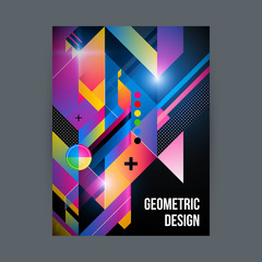 Poster/cover design template with shiny geometric shapes on black background.