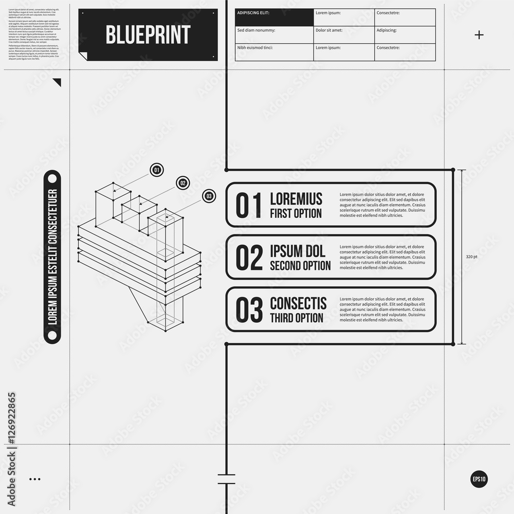 Wall mural vector layout with three numbered options and abstract isometric object in draft style. eps10
