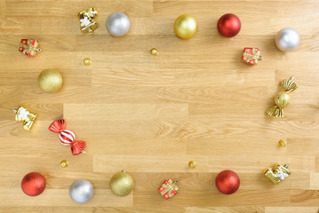 Christmas decorative ornaments on wooden table