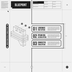 Vector layout with three numbered options and abstract isometric object in draft style. EPS10