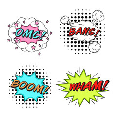 Comics style vector stickers set of 4: OMG! BANG! BOOM! WHAM!
