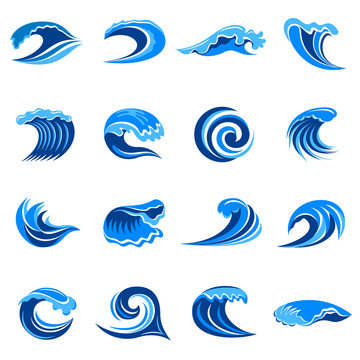 Blue waves icons set. Simple illustration of 16 blue waves vector icons for web