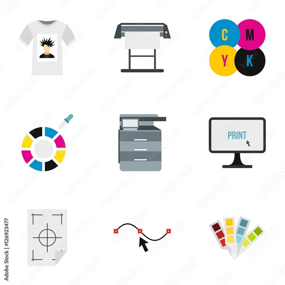 Poster printing in polygraphy icons set. flat illustration of 9 printing in polygraphy vector icons for web