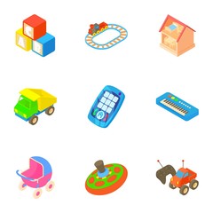 Types of toys icons set. Cartoon illustration of 9 types of toys vector icons for web