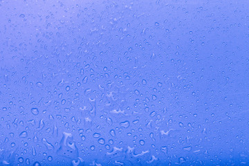 Drops of water on a color background. Blue. Selective focus. Sha