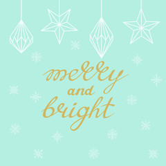 Merry and Bright handwritten golden lettering with triangle art decorations on turquoise background