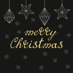 Merry Christmas handwritten golden lettering with triangle art decorations on black background
