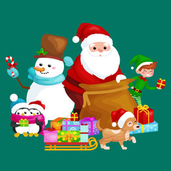 Santa Claus sack full of gifts, snowman candy, decoration ribbons pet dog in hat with presenta in sleigh, penguins elf Vector illustration Merry Christmas and Happy New Year