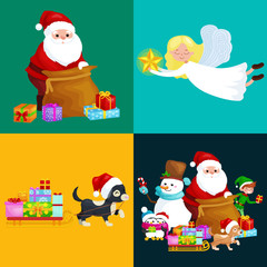 Santa Claus sack full of gifts,angel wings magic wand star, snowman candy, decoration ribbons balls birds, pet dog gifts in sleigh, penguins elf Vector illustration Merry Christmas and Happy New Year