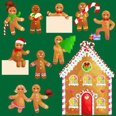 set christmas cookies gingerbread man and girl near sweet house decorated with icing dancing and having fun in a cap with the Christmas tree and gifts, xmas sweet food vector illustration