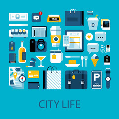 Flat colorful illustration about city life, travelling and shopping. Big set of icons and graphic elements.