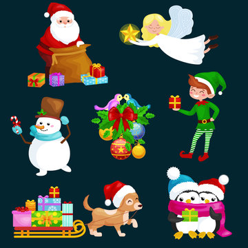 Santa Claus sack full of gifts,angel wings magic wand star, snowman candy, decoration ribbons balls birds, pet dog gifts in sleigh, penguins elf Vector illustration Merry Christmas and Happy New Year