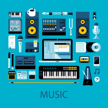 Flat colorful illustration about music, music creation and modern music equipment. Big set of icons and graphic elements.