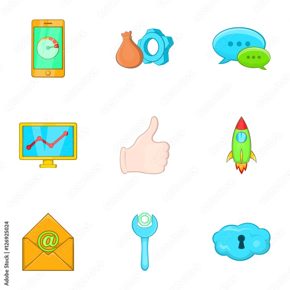 Aufkleber optimization icons set. cartoon illustration of 9 optimization vector icons for web