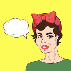 Pop art style sketch of beautiful brunette woman with bubble speech on yellow background