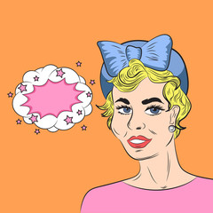 Pop art style sketch of beautiful blonde woman with bubble speech on orange background