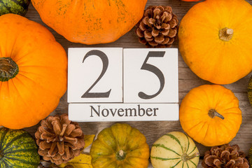 Date 25 november, thanksgiving, surrounded by pine apples and orange and green pumpkins