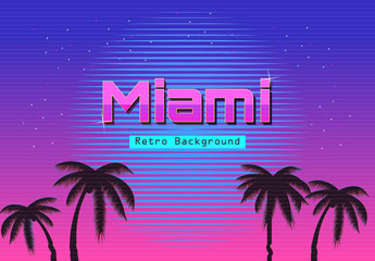 80s Retro Neon gradient background. Palms and sun. Tv glitch effect. Sci-fi Miami beach. - obrazy, fototapety, plakaty