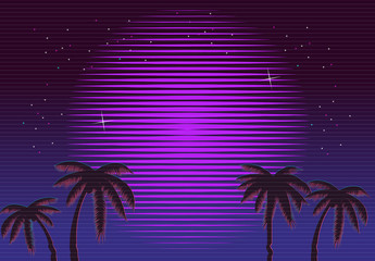 80s Retro Neon gradient background. Palms and sun. Tv glitch effect. Sci-fi beach.