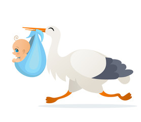 Vector cute cartoon stork with baby boy