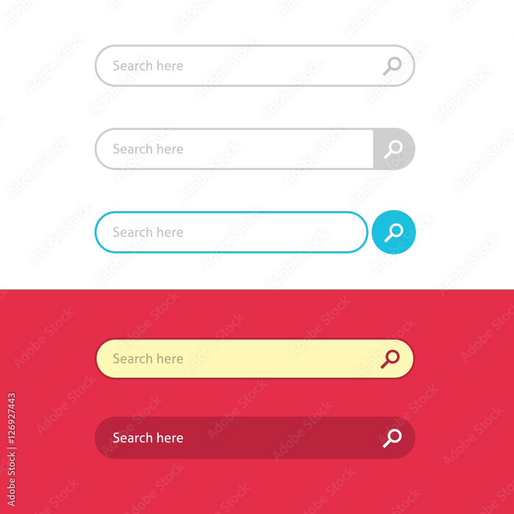 Poster search box set vector interface elements with magnifier button, flat style search bar modern rounded