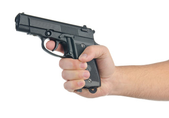 Hand with gun, isolated on white