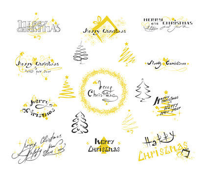 Merry Christmas and happy new year lettering isolated on white. vector.