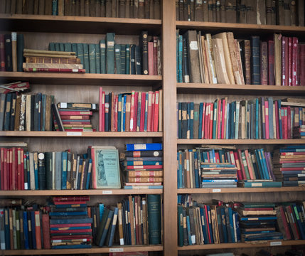 Old bookshelf with school books