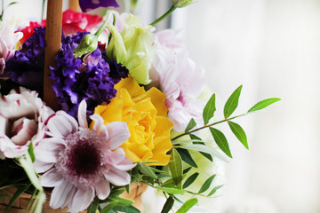 Beautiful bouquet of flowers on a white background for congratulation with space for text