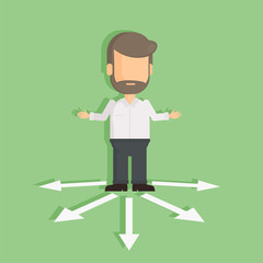 Man with choice arrows. Confused man standing on the crossroad. Choosing directions.