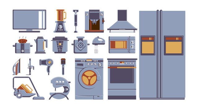 Household appliances set. All kinds of electronics as fridge, vacuum cleaner, cooker and others.