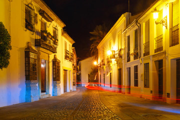 Fototapeta na wymiar Narrow dark alley in the old town at night illuminated in Ronda, Andalusia, Spain