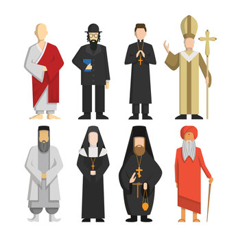 Religion representatives set. Pope and priest, rabbi and monk and others. Religious culture.