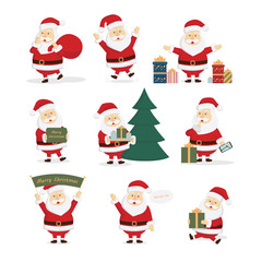 Santa Claus set. Happy smiling Santa with gifts, christmas tree and merry christmas signs. Art for decoration.