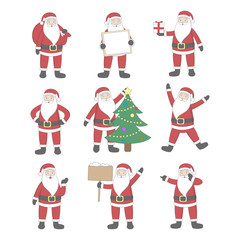 Santa Claus set. Happy smiling Santa with gifts, christmas tree and merry christmas signs. Art for decoration.