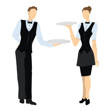 Isolated professional waiters. Male and female waiters in uniform with trays.